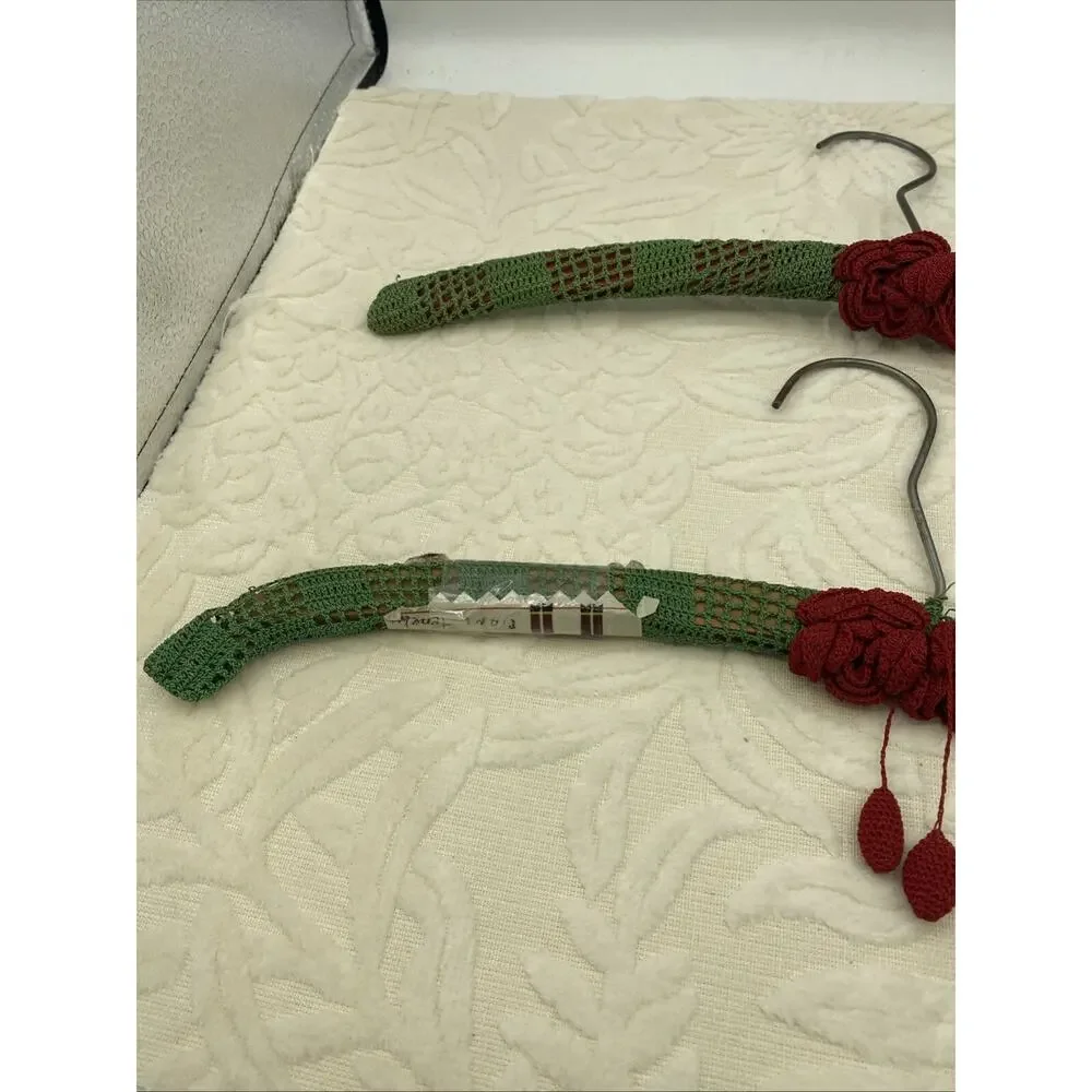 Antique Handmade set of 2-crochet Green Lace W/Red Roses Covered Wood Hangers